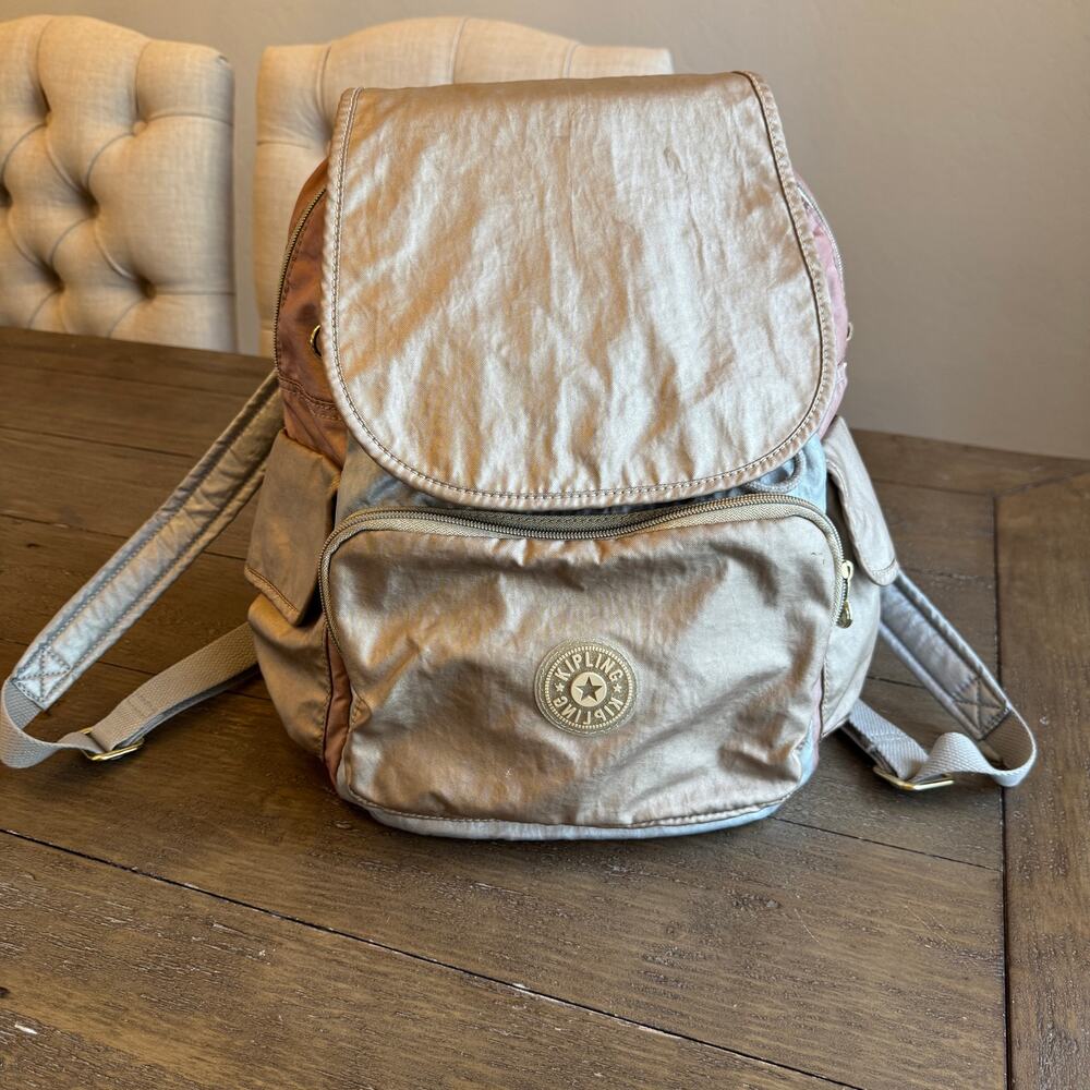 Kipling City Pack Gold Rose Gold Pockets Zippers Metallic Medium School Travel